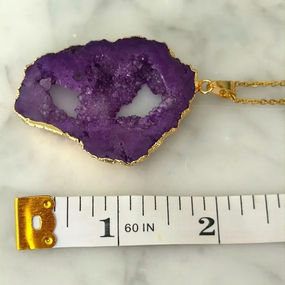 Unique Raw Purple Agate Drusy Pendant Necklace — Gilded Edge & Gold Tone Chain